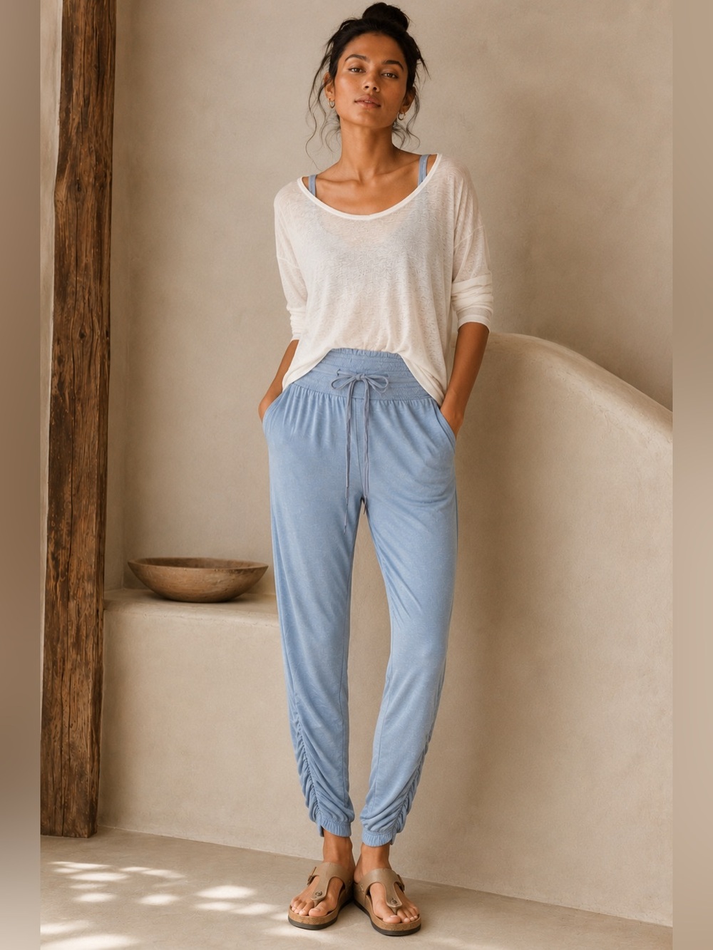 Anthropologie Saturday Sunday Blue Ruched Hem Jogger Pants Small Modal Lounge